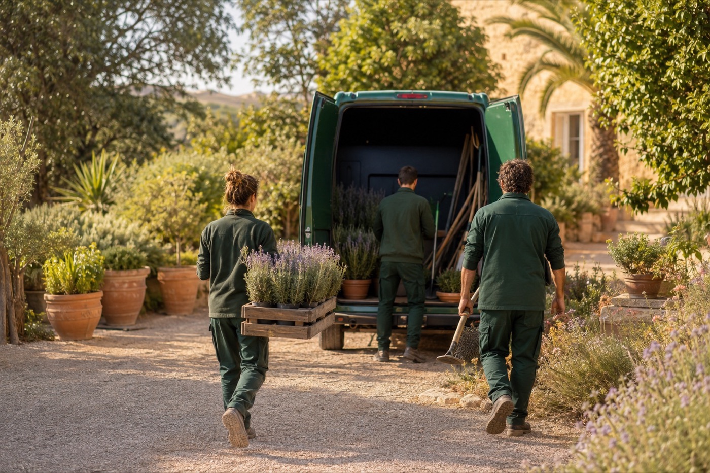 Equipo de Agelfeedes cargando plantas y herramientas en la furgoneta