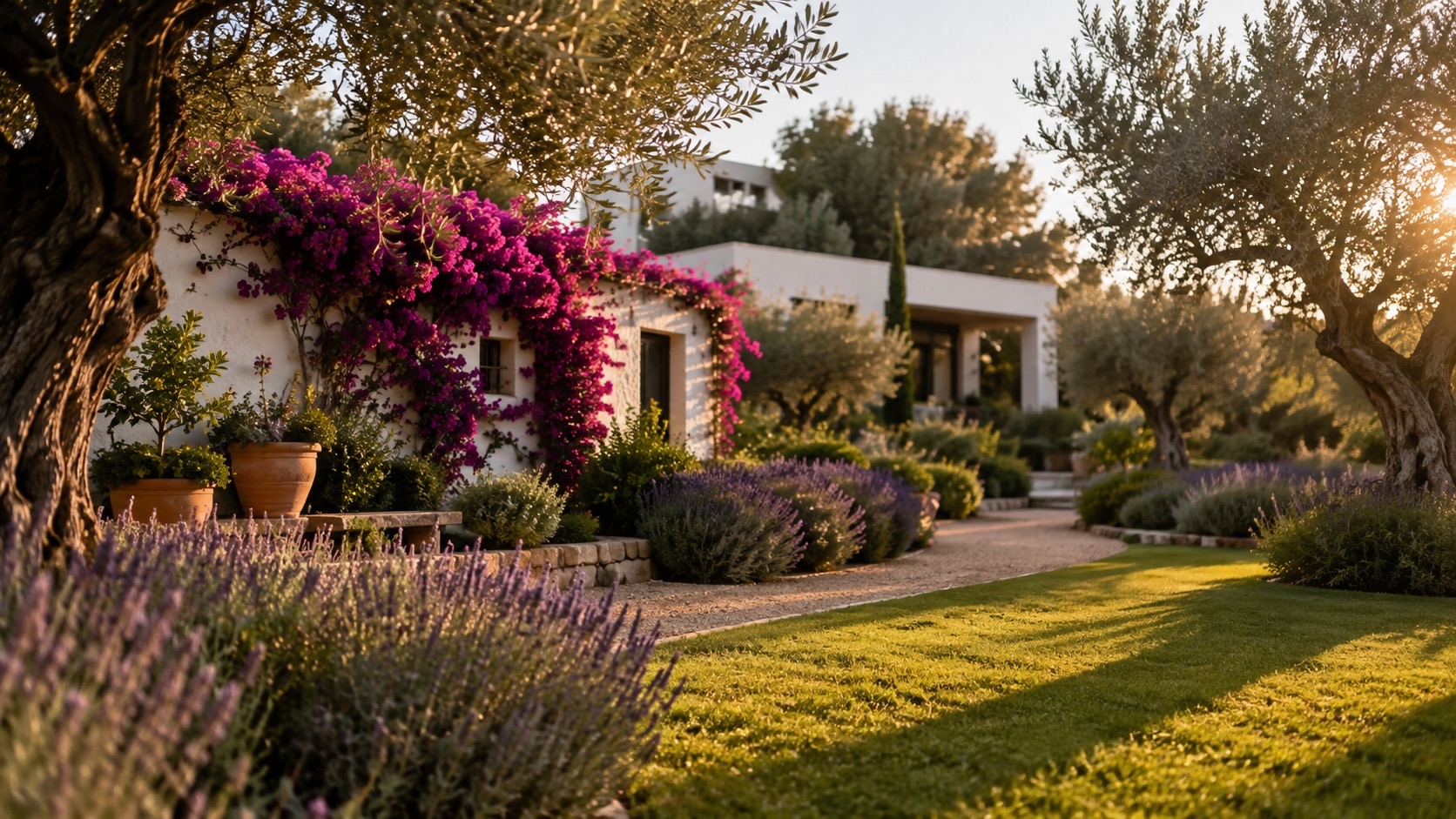 Jardín mediterráneo con olivos, lavanda y buganvilla al atardecer en Valencia