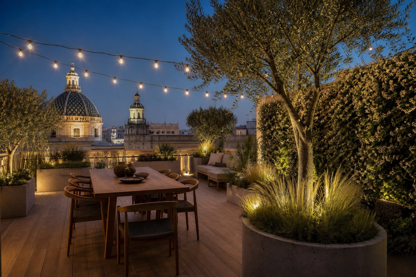 Terraza de un ático con maceteros de olivos y muro verde