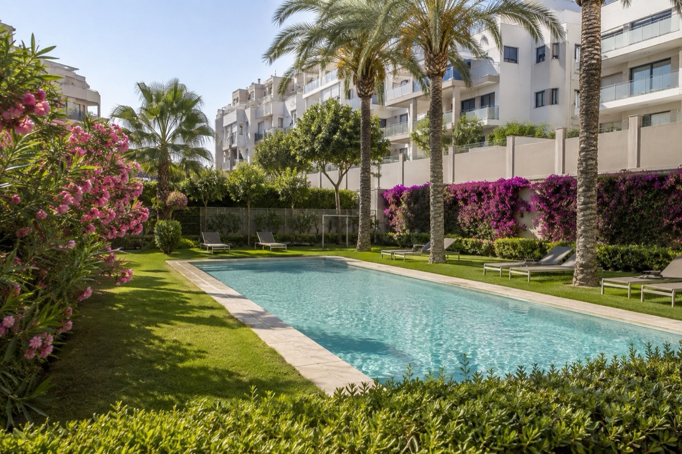 Zona ajardinada de una comunidad con piscina y palmeras
