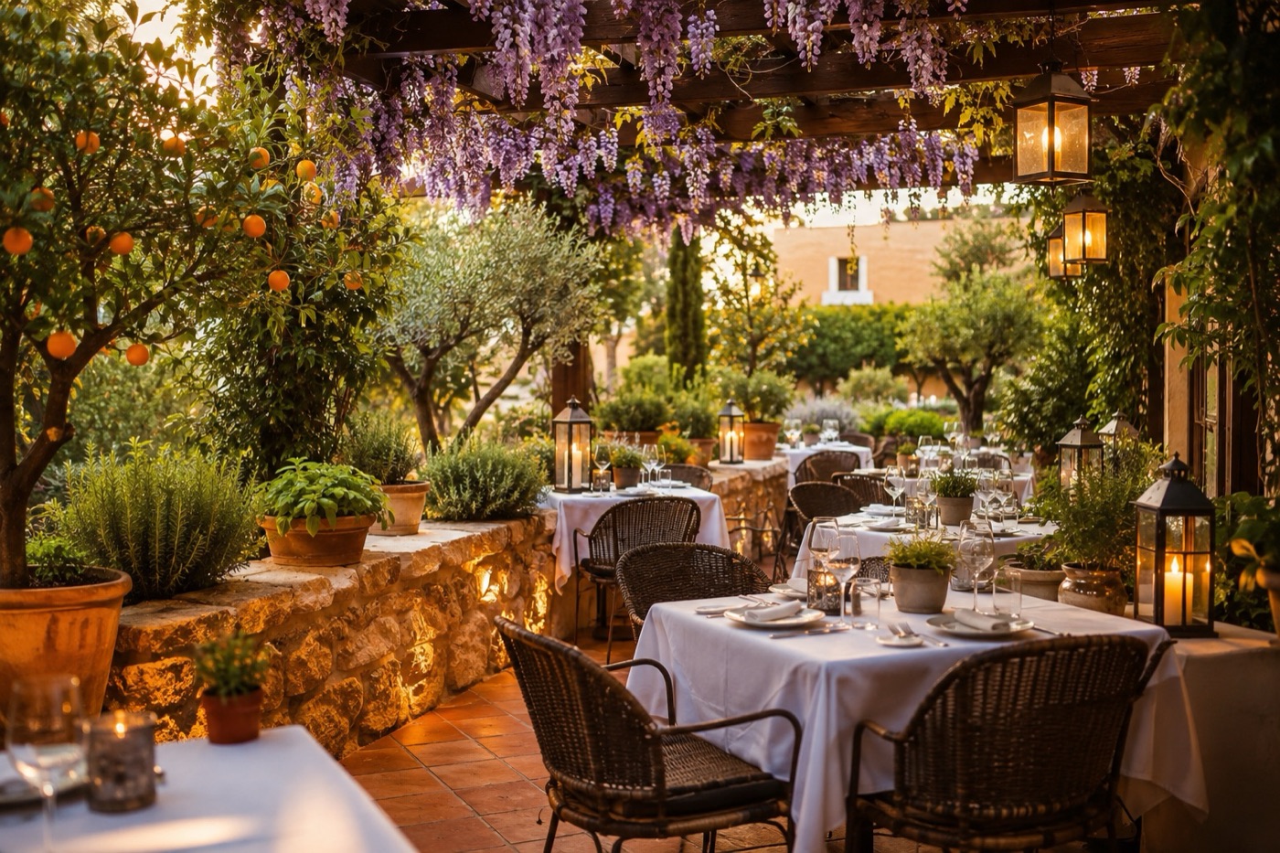 Terraza de restaurante bajo una pérgola con plantas