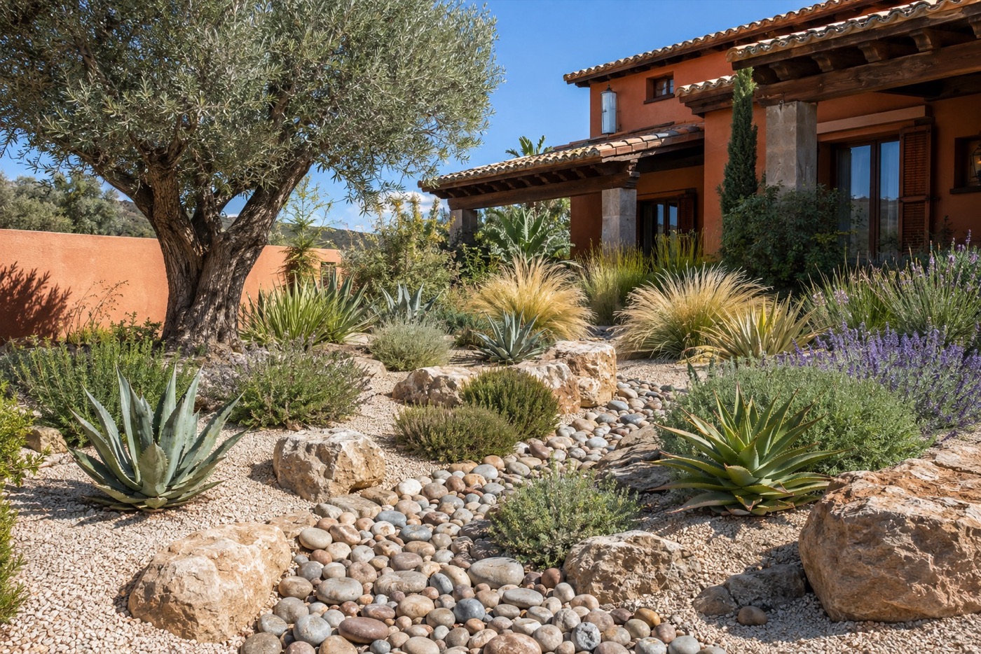 Jardín de grava con agaves, romero y olivo