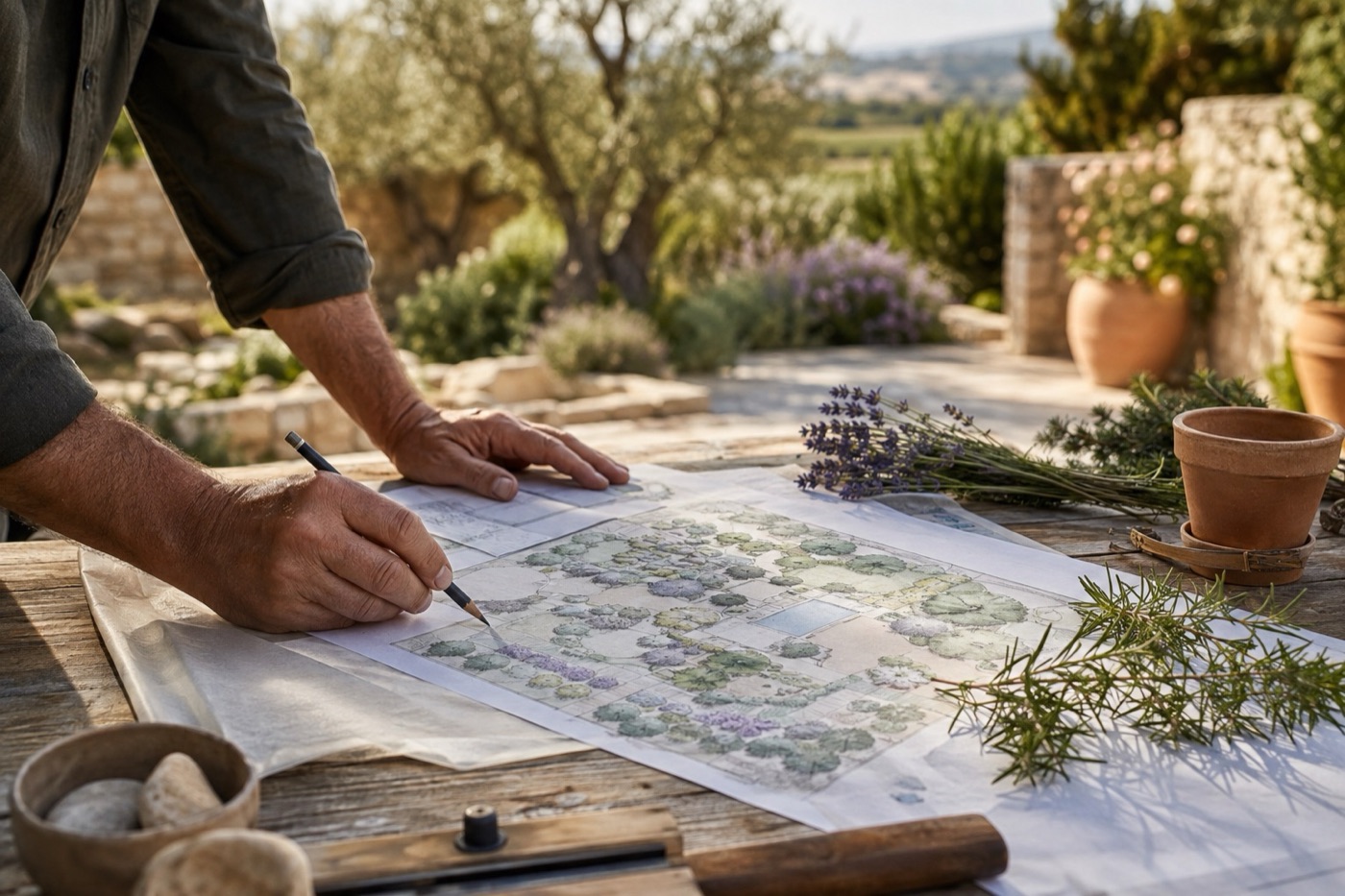 Plano de un jardín sobre una mesa con muestras de lavanda y romero