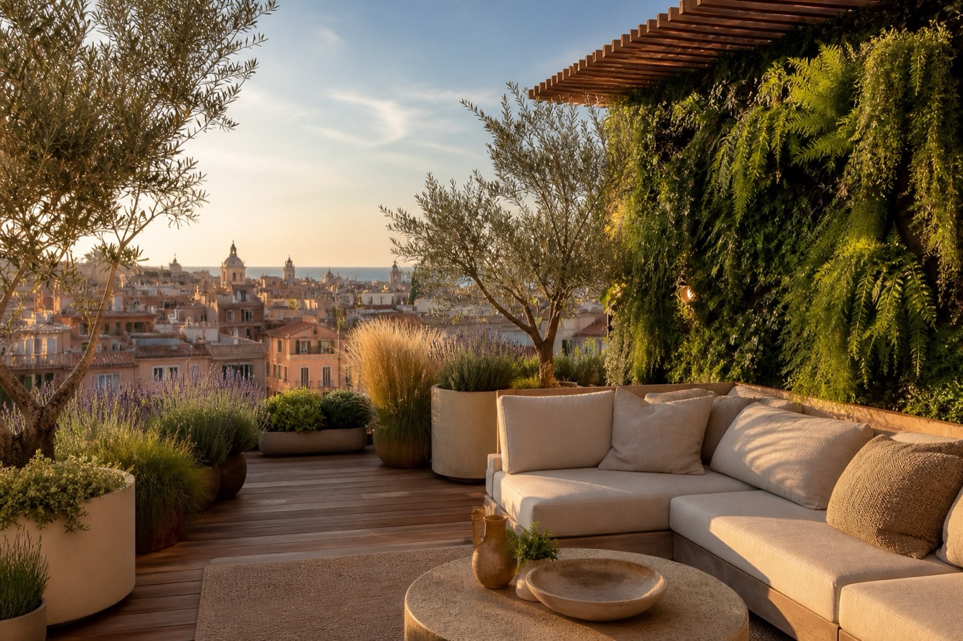 Terraza en un ático de Valencia con jardín vertical y olivos en maceteros