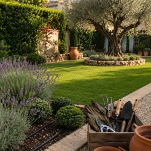 Jardín mediterráneo cuidado con herramientas, plan Completo