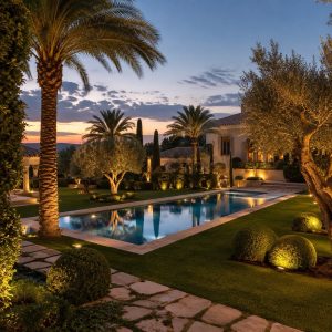 Jardín de villa con piscina iluminado al anochecer, plan Premium