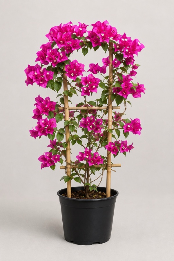 Buganvilla fucsia entutorada en maceta