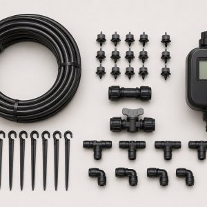 Kit de riego por goteo con tubería, goteros, conectores y programador
