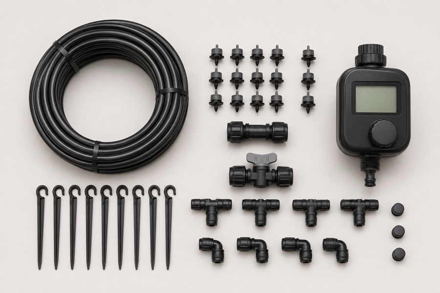 Kit de riego por goteo con tubería, goteros, conectores y programador