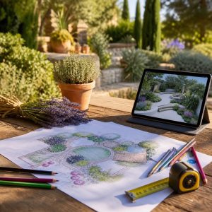 Plano de un jardín dibujado a mano con lápices y una tablet